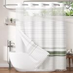 AmazerBath Boho Sage Green Shower Curtains for Bathroom, Heavy No Hook Shower Curtain and Liner Set, Striped Fabric Shower Curtain Farmhouse with Tassels, Washable & Waterproof, 74"x72" - Image 10