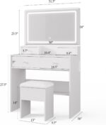 Haewon White Vanity Desk with Mirror and Power Outlet, Makeup Vanity with Adjustable Brightness and 3 Lighting Modes, Dressing Table Set with 4 Drawers, Storage Chair for Bedroom - Image 3