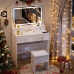 Haewon White Vanity Desk with Mirror and Power Outlet, Makeup Vanity with Adjustable Brightness and 3 Lighting Modes, Dressing Table Set with 4 Drawers, Storage Chair for Bedroom - Image 7