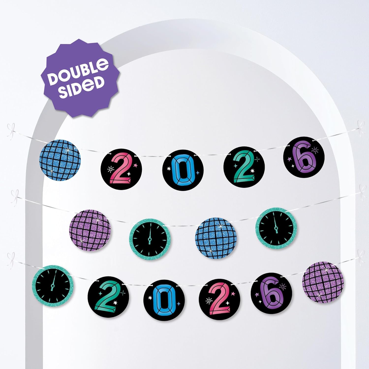 Big Dot of Happiness Colorful New Year Garland Banner, 2026 New Year's Eve Party Decorations Backdrop, 30 Feet of Cord, 15 Paper Disco Balls, NYE Midnight Clock Shapes Double-Sided - Image 3