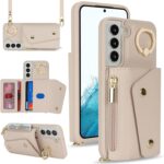 for Samsung Galaxy S22 Case with Card Holder and Strap - Zipper Pocket,Crossbody Lanyard Strap,Credit Card Holder,Stand Ring,Cute Phone Wallet Case for Women(Beige,6.1 Inch) - Image 3