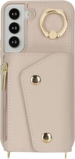 for Samsung Galaxy S22 Case with Card Holder and Strap - Zipper Pocket,Crossbody Lanyard Strap,Credit Card Holder,Stand Ring,Cute Phone Wallet Case for Women(Beige,6.1 Inch) - Image 7