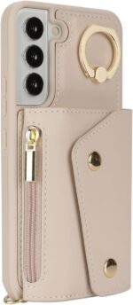for Samsung Galaxy S22 Case with Card Holder and Strap - Zipper Pocket,Crossbody Lanyard Strap,Credit Card Holder,Stand Ring,Cute Phone Wallet Case for Women(Beige,6.1 Inch) - Image 8