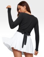Womens V-Neck Long Sleeve Cross Wrap Top Slim Fit Soft Knit Layering Shirt Casual Yoga Gym Bandage Tie Tops - Image 3