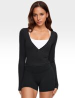 Womens V-Neck Long Sleeve Cross Wrap Top Slim Fit Soft Knit Layering Shirt Casual Yoga Gym Bandage Tie Tops - Image 5