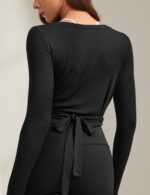 Womens V-Neck Long Sleeve Cross Wrap Top Slim Fit Soft Knit Layering Shirt Casual Yoga Gym Bandage Tie Tops - Image 6