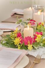 WELL KNOWN 2 Pcs Mini Spring Floral Candle Rings Wreaths for Pillars Home Table Window Decor, 9 Inches Artificial Flower Cabinet Wreath for Kitchen Farmhouse Wedding Party (Fuchsia Pink & Yellow) - Image 5