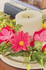 WELL KNOWN 2 Pcs Mini Spring Floral Candle Rings Wreaths for Pillars Home Table Window Decor, 9 Inches Artificial Flower Cabinet Wreath for Kitchen Farmhouse Wedding Party (Fuchsia Pink & Yellow) - Image 8