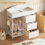 DTK Changing Table Dresser with Clothing Rack and Storage Shelf,3-Drawer Baby Dresser with Changing Table Top,Diaper Changing Station with Waterproof Pad,Mobile Dresser for Nursery,White - Image 3