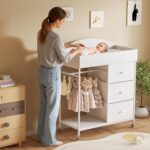 DTK Changing Table Dresser with Clothing Rack and Storage Shelf,3-Drawer Baby Dresser with Changing Table Top,Diaper Changing Station with Waterproof Pad,Mobile Dresser for Nursery,White - Image 4