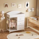 DTK Changing Table Dresser with Clothing Rack and Storage Shelf,3-Drawer Baby Dresser with Changing Table Top,Diaper Changing Station with Waterproof Pad,Mobile Dresser for Nursery,White - Image 9