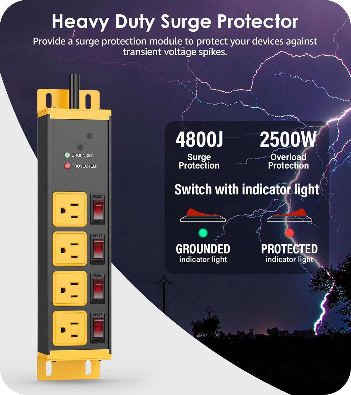CCCEI Heavy Duty Surge Protector Power Strip 20 Amp Individual Switches. Industrial GFCI Multiple Outlets Extender 12 Gauge 6 FT Extension Cord. Yellow High-Amp 4 Plugs for Shop Garage Kitchen. - Image 4