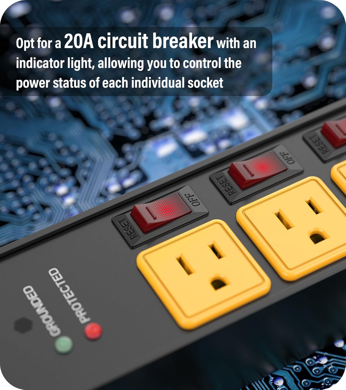 CCCEI Heavy Duty Surge Protector Power Strip 20 Amp Individual Switches. Industrial GFCI Multiple Outlets Extender 12 Gauge 6 FT Extension Cord. Yellow High-Amp 4 Plugs for Shop Garage Kitchen. - Image 7