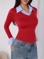 Tankaneo Womens Long Sleeve Polo Shirts Business Casual Work Tops Slim Fit V Neck Collared Patchwork Fall Outfits - Image 3