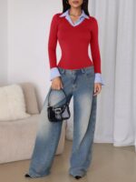 Tankaneo Womens Long Sleeve Polo Shirts Business Casual Work Tops Slim Fit V Neck Collared Patchwork Fall Outfits - Image 7