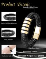 Stainless Steel Mens Bracelets - Black Leather Punk Cuff Jewelry - Image 7