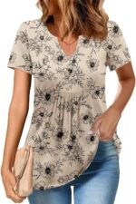 Zeagoo Womens Short Sleeve Tops Summer Henley V-Neck Tshirts Casual Pleated Blouse Dressy Loose Floral Basic Tee - Image 3