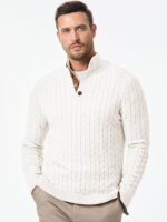JMIERR Men's Cable Knit Pullover Sweater Casual Long Sleeve Stand Collar Button Knitted Sweaters - Image 3