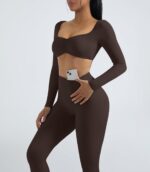 OMKAGI 2 Piece Workout Sets for Women Long Sleeve Padded Sports Bra High Waisted Gym Outfits with Pocket - Image 4