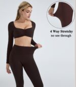 OMKAGI 2 Piece Workout Sets for Women Long Sleeve Padded Sports Bra High Waisted Gym Outfits with Pocket - Image 5