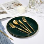 I00000 150Pcs Green Plastic Plates with Gold Rim, Fancy Disposable Plates,Green Plates Set include 30 Dinner Plate,30 Dessert Plate, 90 Plastic Silverware Set for Wedding&Party - Image 3