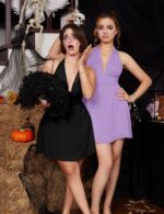 GOKATOSAU Women's Halter Deep V Neck Flowy Chiffon Bow Tie Backless Summer Mini Dress - Image 3