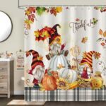 Bonhause Fall Gnome Shower Curtain, Thanksgiving Autumn Maple Leaves Pumpkin Buffalo Plaid Bathroom Decor 72 x 78 Inch Polyester Fabric Waterproof Bath Curtain with 12 Hooks - Image 3