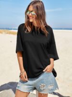 Tankaneo Womens Oversized Tshirts Summer Casual Short Sleeve Crew Neck T Shirt Loose Fit Side Slit Tee Tops - Image 3
