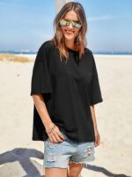 Tankaneo Womens Oversized Tshirts Summer Casual Short Sleeve Crew Neck T Shirt Loose Fit Side Slit Tee Tops - Image 5