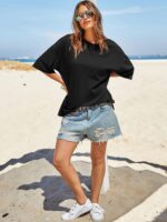 Tankaneo Womens Oversized Tshirts Summer Casual Short Sleeve Crew Neck T Shirt Loose Fit Side Slit Tee Tops - Image 7