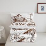 Windmill Comforter Set Queen, Rustic Barn Farmhouse Bedding, Chick Cow Farm Animals Down Comforter, Hand Drawn Illustration Bedding Comforters, Countryside Rural Meadow Room Decor Duvet Set, Taupe - Image 5