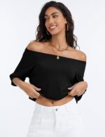 Kistore Off The Shoulder Tops for Women Going Out Short Sleeve Crop Top Boat Neck Loose T Shirt - Image 3