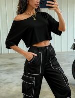Kistore Off The Shoulder Tops for Women Going Out Short Sleeve Crop Top Boat Neck Loose T Shirt - Image 6