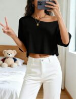 Kistore Off The Shoulder Tops for Women Going Out Short Sleeve Crop Top Boat Neck Loose T Shirt - Image 7