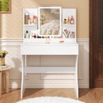 Small Vanity Desk with Mirror and Lights, Makeup Vanity with Storage Drawer, 2 Shelves and 3 Compartments - White - Image 8
