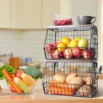 2pcs Fruit Basket Kitchen Storage Basket with Wood Lid, Stackable Wall Basket Fruit Basket for Kitchen, Countertop Organizer for Snack, Fruit and Veggie Storage, 11.8 x 7.9 x 8.5 Inch - Image 8