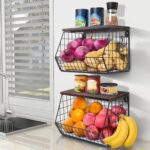 2pcs Fruit Basket Kitchen Storage Basket with Wood Lid, Stackable Wall Basket Fruit Basket for Kitchen, Countertop Organizer for Snack, Fruit and Veggie Storage, 11.8 x 7.9 x 8.5 Inch - Image 9