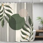 Yookeb Sage Green Abstract Modern Bathroom Shower Curtain 60W by 71H Inch Mid Century Minimalist Aesthetic Leaves Plant Geometric Mid Century Polyester 12 Plastic Hooks Waterproof Decor - Image 3