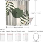 Yookeb Sage Green Abstract Modern Bathroom Shower Curtain 60W by 71H Inch Mid Century Minimalist Aesthetic Leaves Plant Geometric Mid Century Polyester 12 Plastic Hooks Waterproof Decor - Image 4