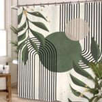 Yookeb Sage Green Abstract Modern Bathroom Shower Curtain 60W by 71H Inch Mid Century Minimalist Aesthetic Leaves Plant Geometric Mid Century Polyester 12 Plastic Hooks Waterproof Decor - Image 5
