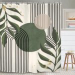 Yookeb Sage Green Abstract Modern Bathroom Shower Curtain 60W by 71H Inch Mid Century Minimalist Aesthetic Leaves Plant Geometric Mid Century Polyester 12 Plastic Hooks Waterproof Decor - Image 6