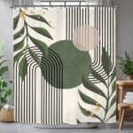 Yookeb Sage Green Abstract Modern Bathroom Shower Curtain 60W by 71H Inch Mid Century Minimalist Aesthetic Leaves Plant Geometric Mid Century Polyester 12 Plastic Hooks Waterproof Decor - Image 9