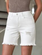luvamia Jean Shorts for Women High Waisted Trendy Casual Distressed Stretchy Denim Long Shorts Ripped Raw Hem Shorts - Image 5