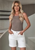 luvamia Jean Shorts for Women High Waisted Trendy Casual Distressed Stretchy Denim Long Shorts Ripped Raw Hem Shorts - Image 7