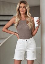 luvamia Jean Shorts for Women High Waisted Trendy Casual Distressed Stretchy Denim Long Shorts Ripped Raw Hem Shorts - Image 8