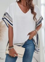 Women's Casual V Neck Floral Tops Batwing Sleeve Blouse Loose Fitting Shirts Boho Flowy Side Slit Tees - Image 3