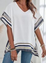 Women's Casual V Neck Floral Tops Batwing Sleeve Blouse Loose Fitting Shirts Boho Flowy Side Slit Tees - Image 7