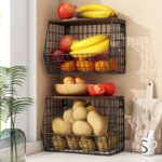 2pcs Fruit Basket Kitchen Storage Basket with Wood Lid, Stackable Wall Basket Fruit Basket for Kitchen, Countertop Organizer for Snack, Fruit and Veggie Storage, 11.8 x 7.9 x 8.5 Inch - Image 2
