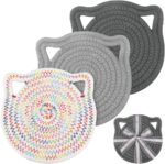7" Pure Cotton Trivets Set with 0.35" Thick, 3Pcs Woven Trivets for Hot Dishes, Pots and Pans, Cute Cat Kitchen Accessories for Countertops Heat Resistant Washable Cat Decor Gift (Gray) - Image 2