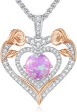 ANDSO Valentine's Day Gift Heart Birthstone Necklaces for Women, 925 Sterling Silver Gold Plating Rose Flower Opal Necklace, Ideal Anniversary Birthday Jewelry Gifts for Mom Wife Girlfriend Her - Image 2
